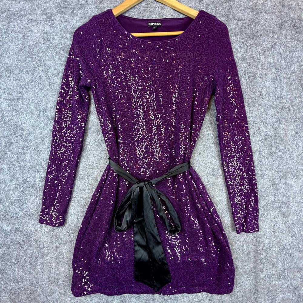 Express Bling Dress Womens XS Purple Sequin NYE Sparkle Party Tie Waist HOCO‎